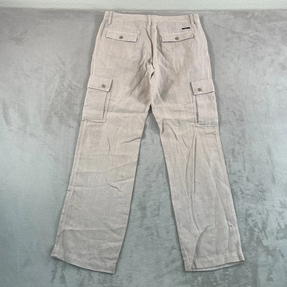 HUGO BOSS Bendo D Cargo Pants Men 34x35 (Tag 32) Beige 100% Linen Designer NWOT